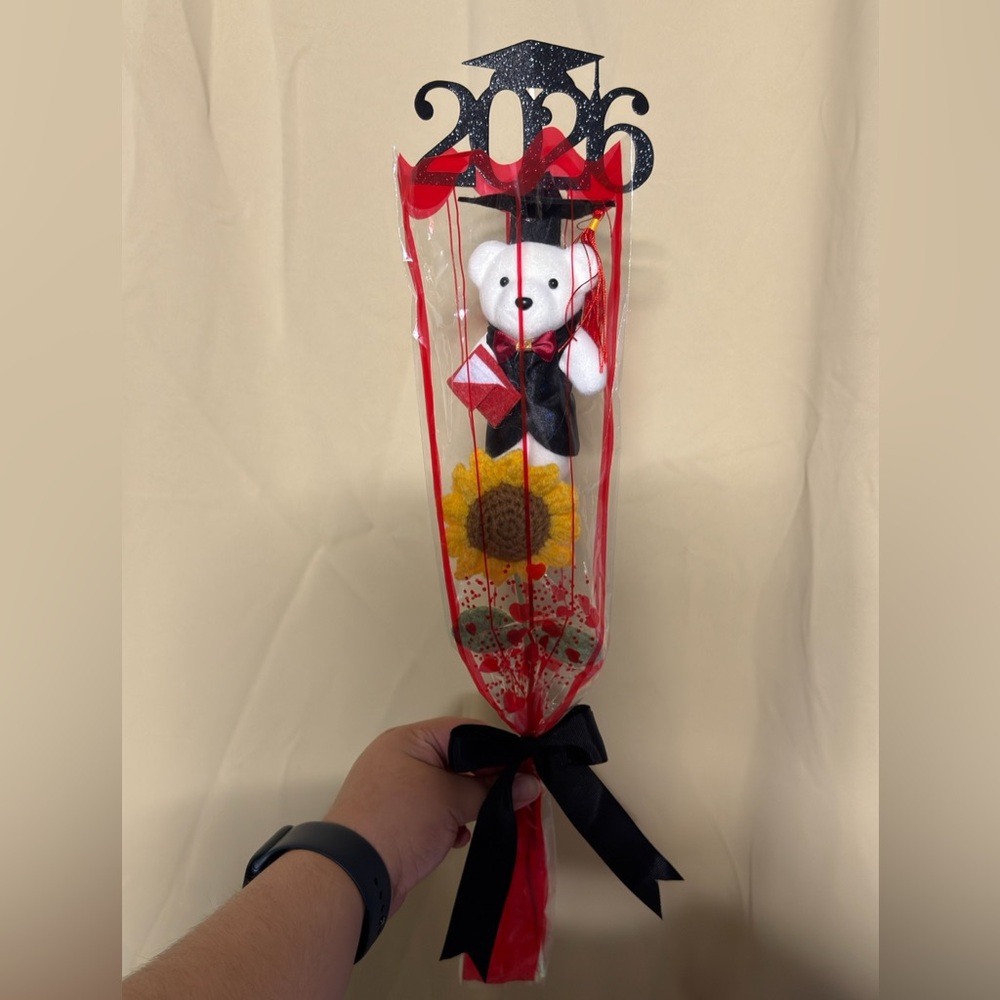 White Graduation Teddy with crochet socks sunflower in Clear Red-Trim Bouquet